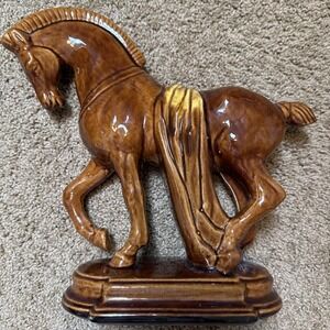 VTG Glazed Ceramics Brown War Trojan Horse Porcelain Statue 12.0 inch